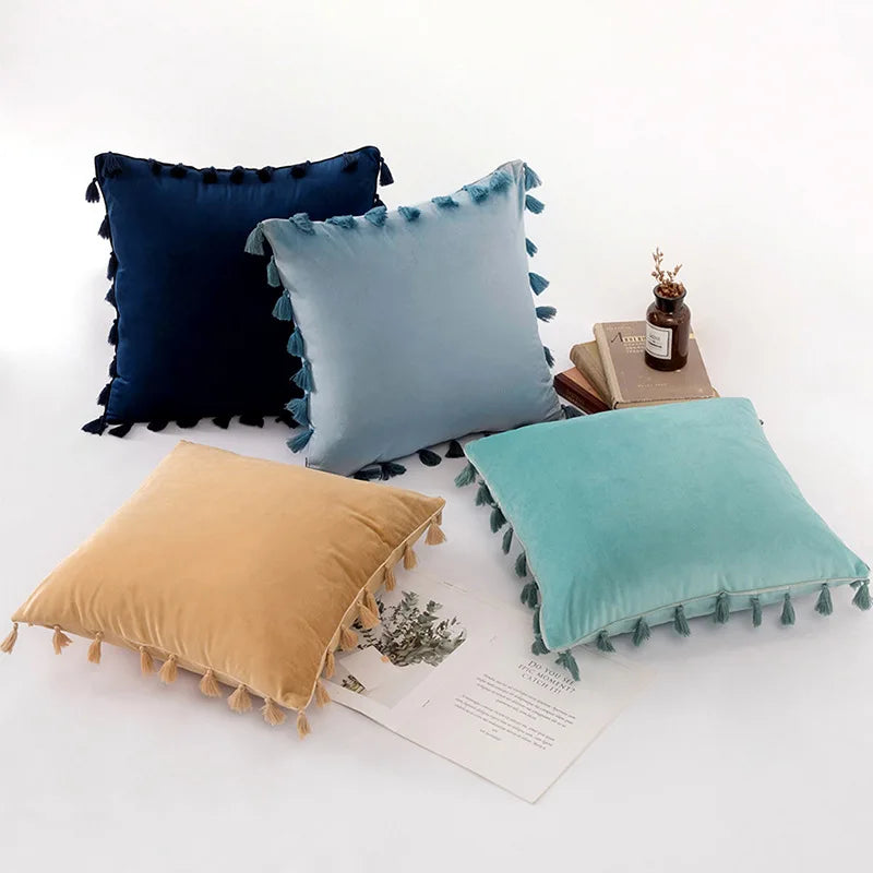 Velvet Ruby Tassel Cushion Cover