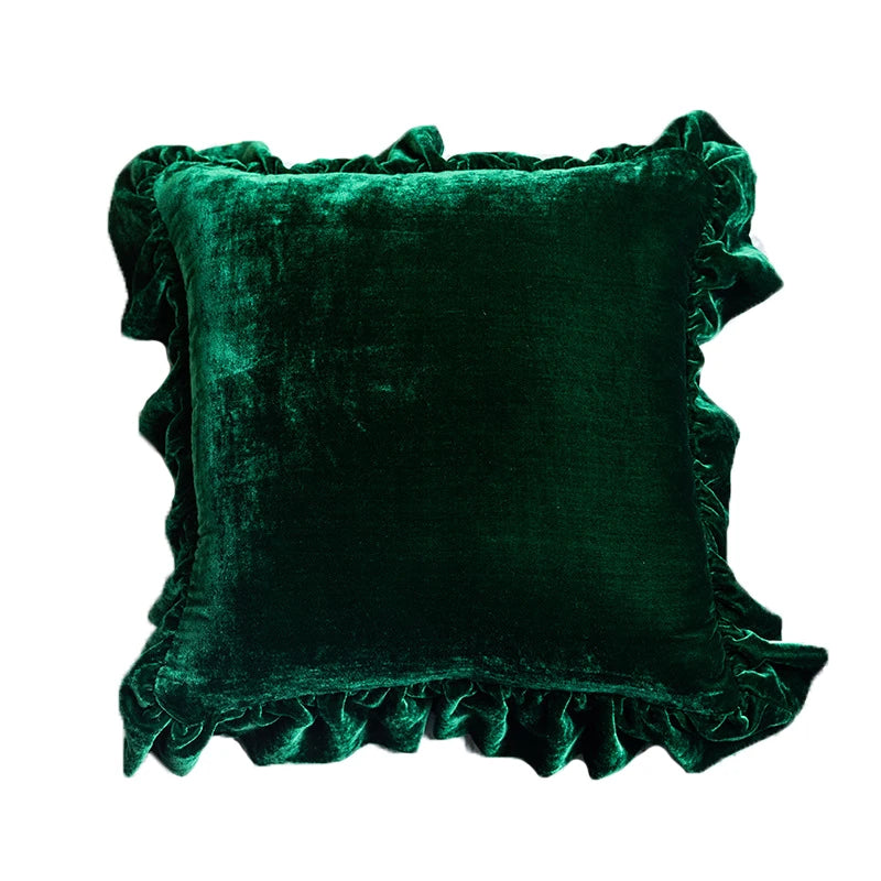 Moss Green Velvet Ruffle Cushion Cover