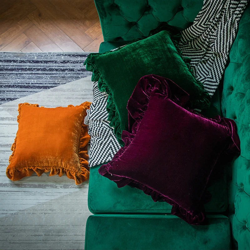 Moss Green Velvet Ruffle Cushion Cover