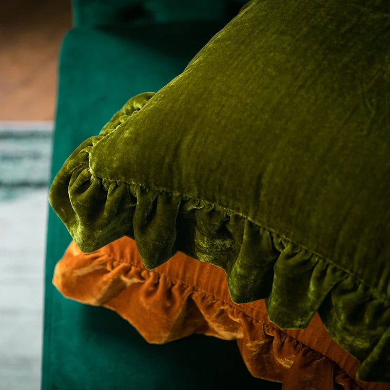 Moss Green Velvet Ruffle Cushion Cover