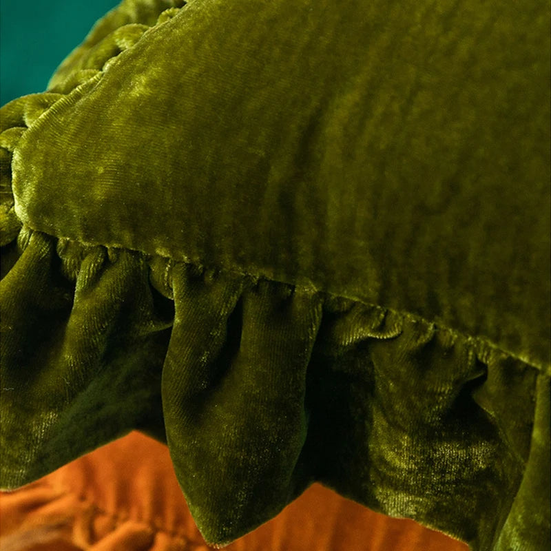 Moss Green Velvet Ruffle Cushion Cover