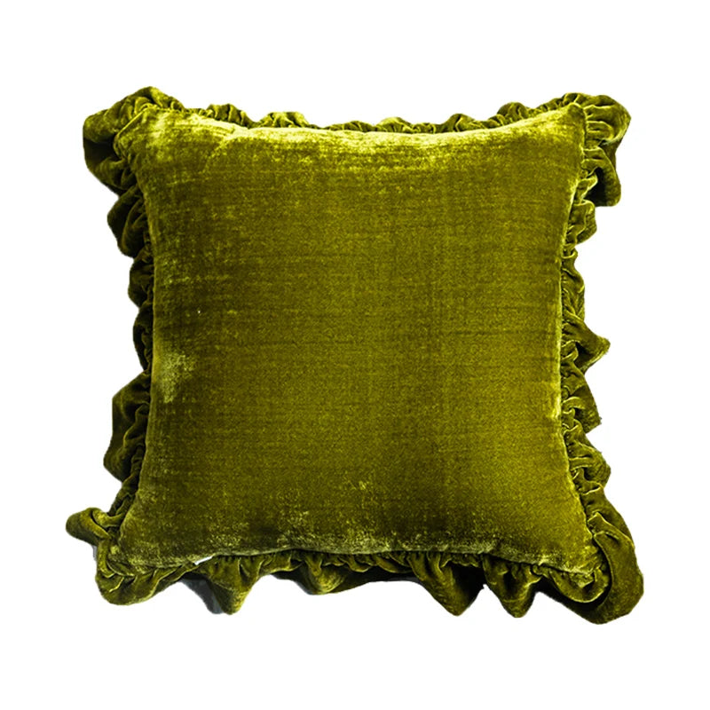 Moss Green Velvet Ruffle Cushion Cover