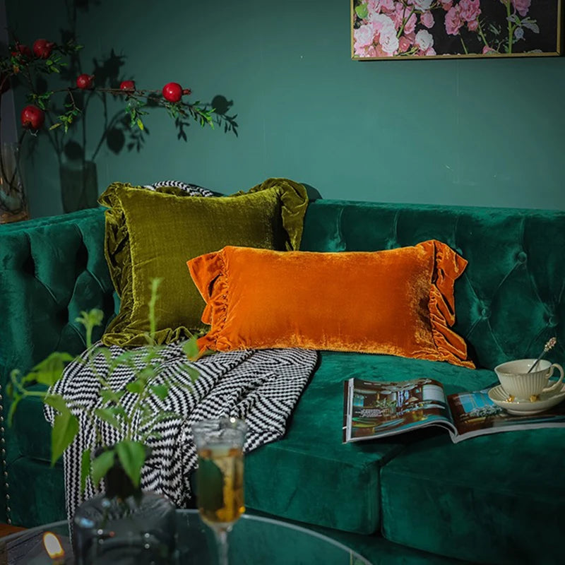 Moss Green Velvet Ruffle Cushion Cover