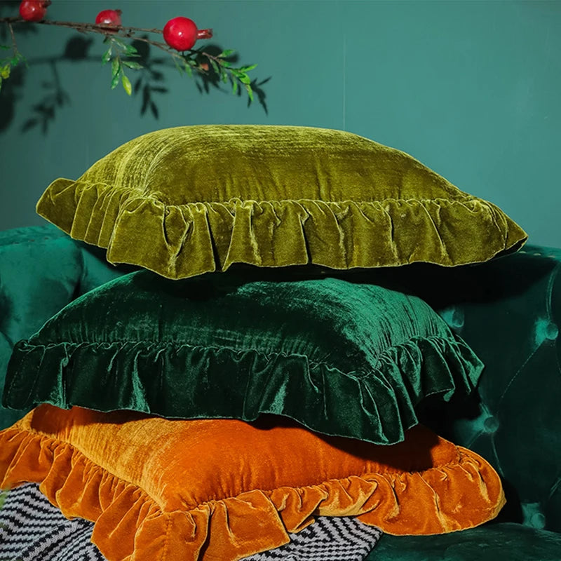 Moss Green Velvet Ruffle Cushion Cover