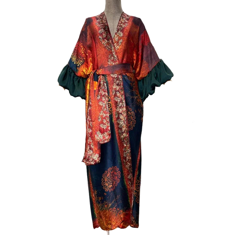 WINYI Fashion print Self Belted dress Women Elegant Summer holiday Bubble sleeve cardigan beach Wear Swim Suit cover up kimono