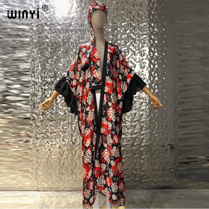 WINYI Fashion print Self Belted dress Women Elegant Summer holiday Bubble sleeve cardigan beach Wear Swim Suit cover up kimono