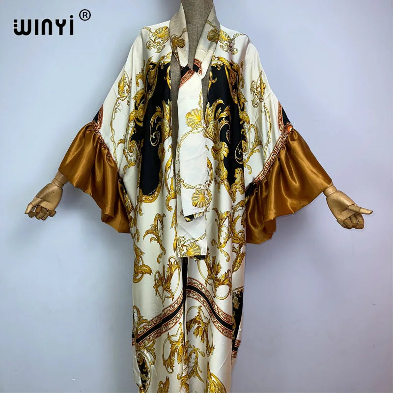 WINYI Fashion print Self Belted dress Women Elegant Summer holiday Bubble sleeve cardigan beach Wear Swim Suit cover up kimono
