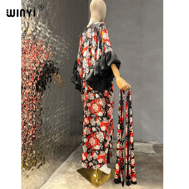 WINYI Fashion print Self Belted dress Women Elegant Summer holiday Bubble sleeve cardigan beach Wear Swim Suit cover up kimono