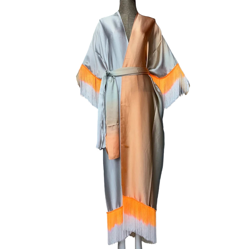 WINYI kimono cover-ups summer boho Gradual fringe print Bikini Cover-up Elegant fashion Cardigan sexy Holiday tassels maxi dress