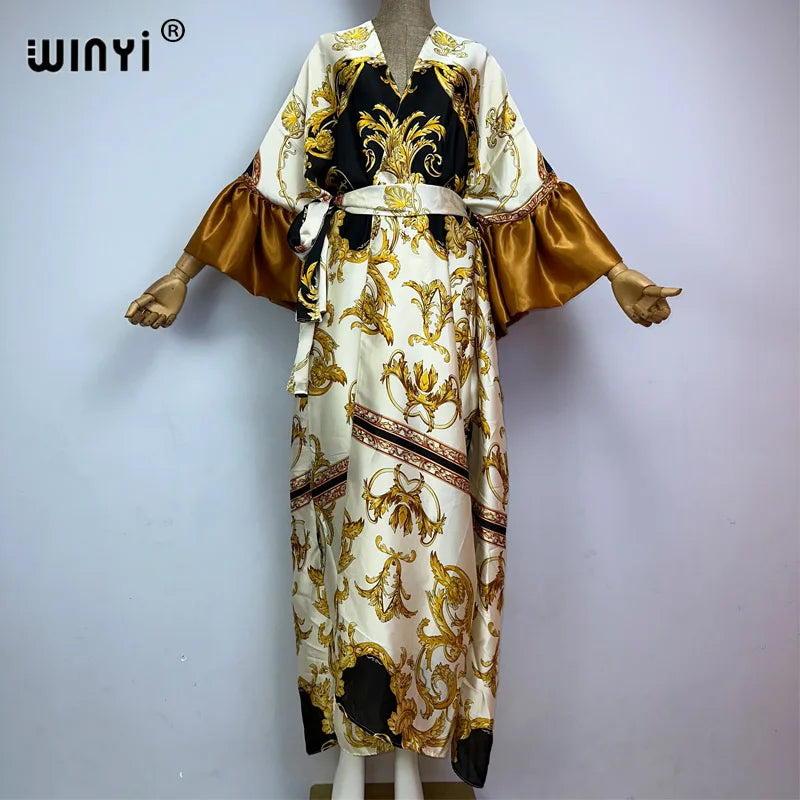 WINYI Fashion print Self Belted dress Women Elegant Summer holiday Bubble sleeve cardigan beach Wear Swim Suit cover up kimono