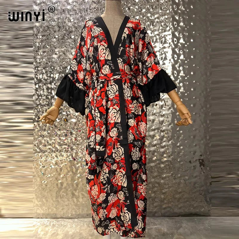 WINYI Fashion print Self Belted dress Women Elegant Summer holiday Bubble sleeve cardigan beach Wear Swim Suit cover up kimono
