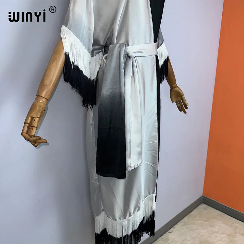 WINYI kimono cover-ups summer boho Gradual fringe print Bikini Cover-up Elegant fashion Cardigan sexy Holiday tassels maxi dress