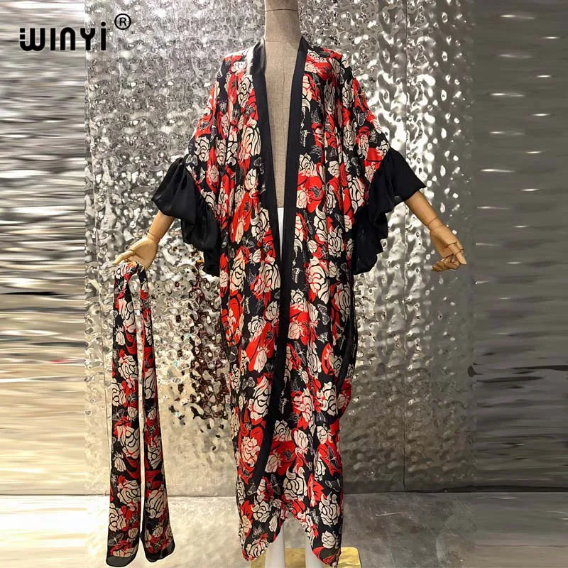 WINYI Fashion print Self Belted dress Women Elegant Summer holiday Bubble sleeve cardigan beach Wear Swim Suit cover up kimono