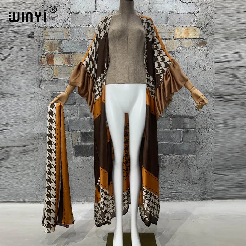 WINYI Fashion print Self Belted dress Women Elegant Summer holiday Bubble sleeve cardigan beach Wear Swim Suit cover up kimono