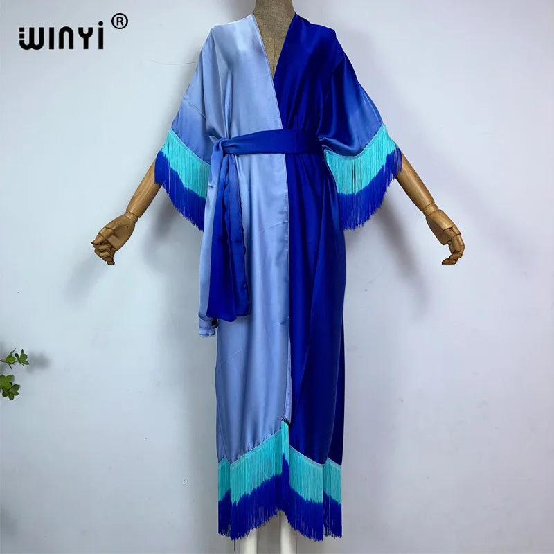 WINYI kimono cover-ups summer boho Gradual fringe print Bikini Cover-up Elegant fashion Cardigan sexy Holiday tassels maxi dress