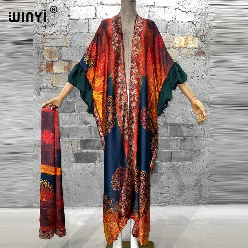 WINYI Fashion print Self Belted dress Women Elegant Summer holiday Bubble sleeve cardigan beach Wear Swim Suit cover up kimono