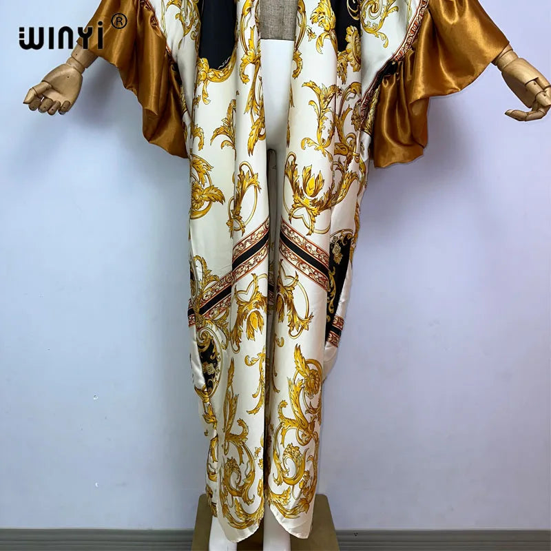 WINYI Fashion print Self Belted dress Women Elegant Summer holiday Bubble sleeve cardigan beach Wear Swim Suit cover up kimono
