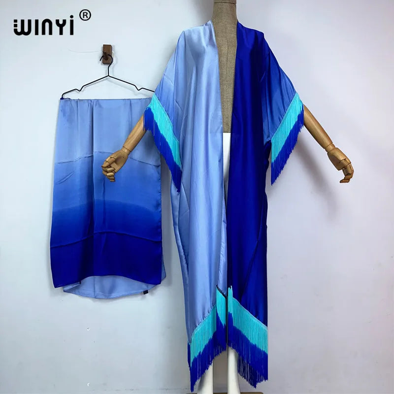 WINYI kimono cover-ups summer boho Gradual fringe print Bikini Cover-up Elegant fashion Cardigan sexy Holiday tassels maxi dress