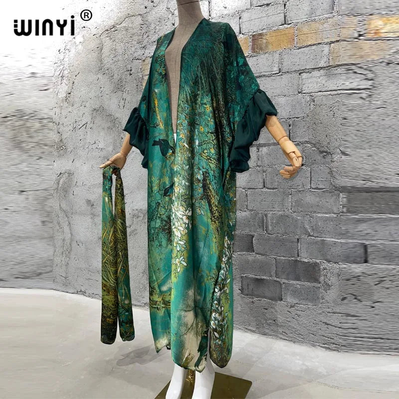 WINYI Fashion print Self Belted dress Women Elegant Summer holiday Bubble sleeve cardigan beach Wear Swim Suit cover up kimono