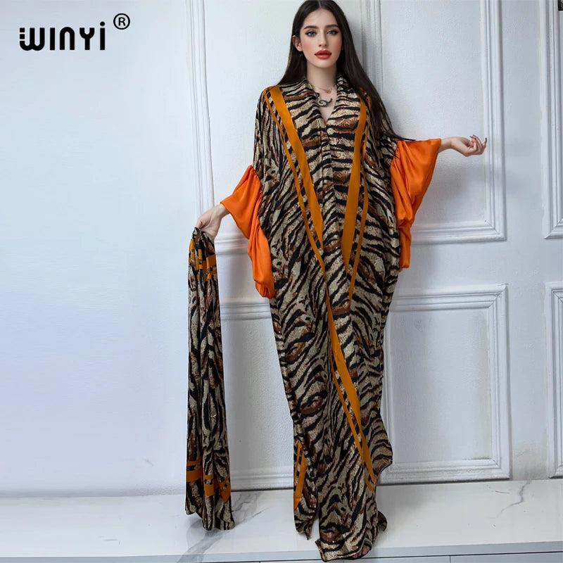 WINYI Fashion print Self Belted dress Women Elegant Summer holiday Bubble sleeve cardigan beach Wear Swim Suit cover up kimono