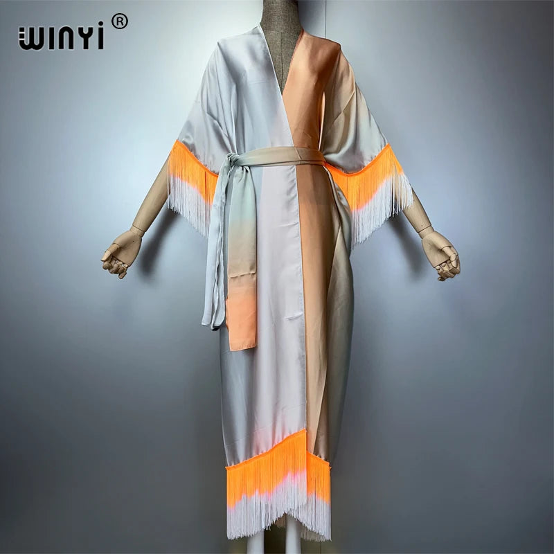 WINYI kimono cover-ups summer boho Gradual fringe print Bikini Cover-up Elegant fashion Cardigan sexy Holiday tassels maxi dress