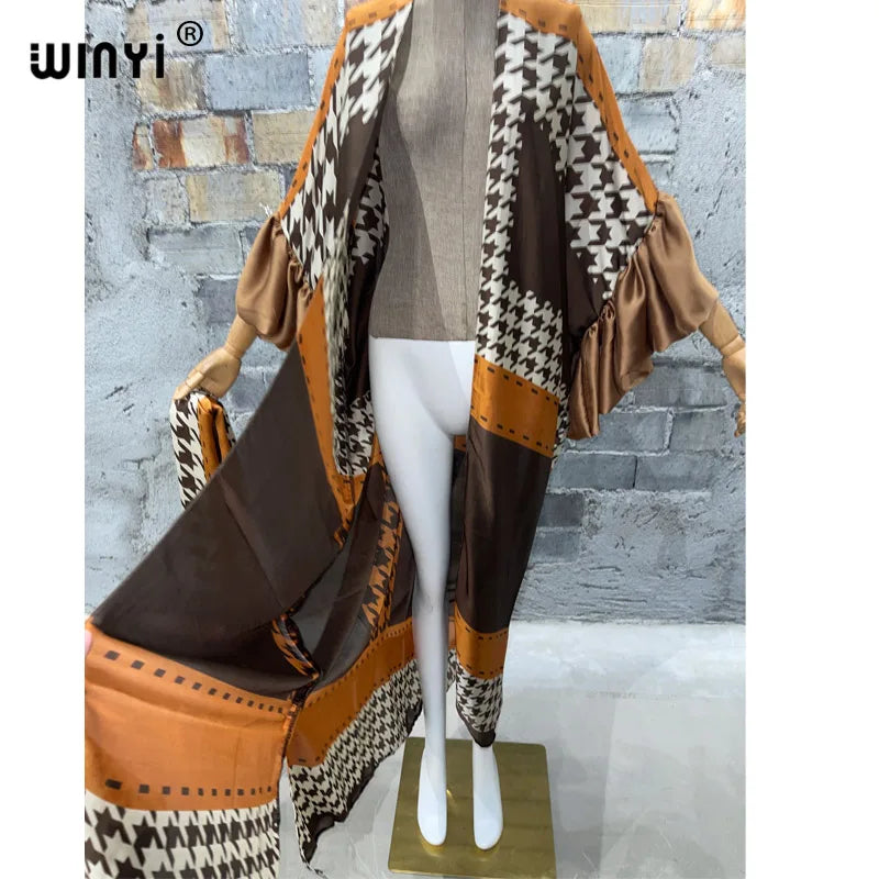WINYI Fashion print Self Belted dress Women Elegant Summer holiday Bubble sleeve cardigan beach Wear Swim Suit cover up kimono