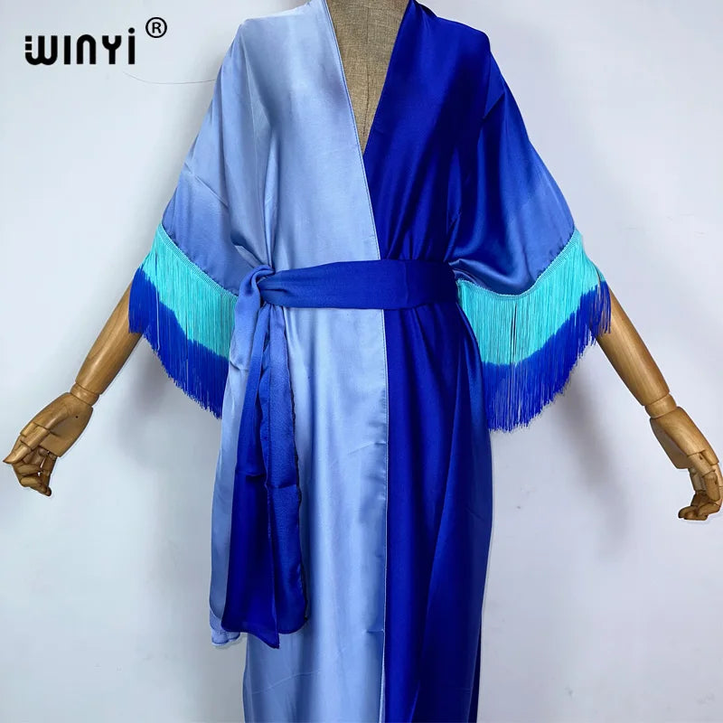 WINYI kimono cover-ups summer boho Gradual fringe print Bikini Cover-up Elegant fashion Cardigan sexy Holiday tassels maxi dress