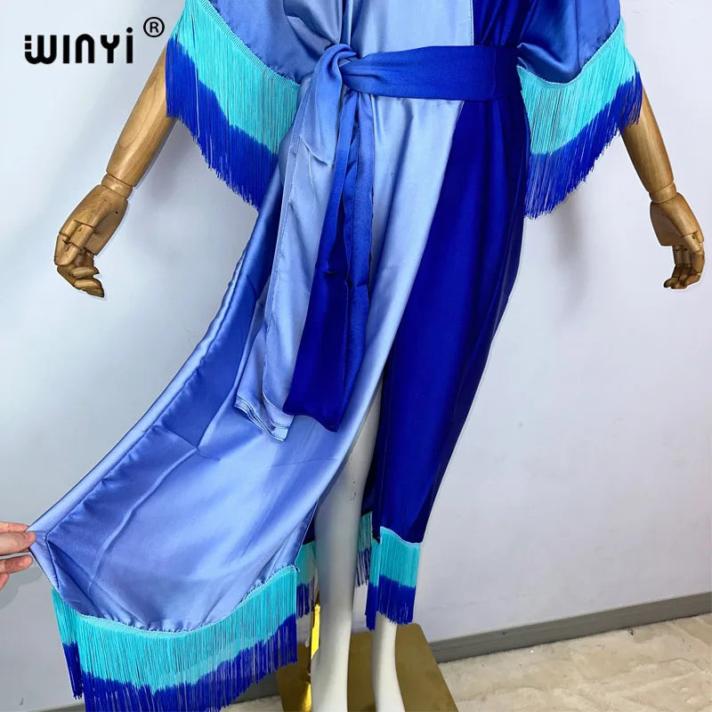 WINYI kimono cover-ups summer boho Gradual fringe print Bikini Cover-up Elegant fashion Cardigan sexy Holiday tassels maxi dress