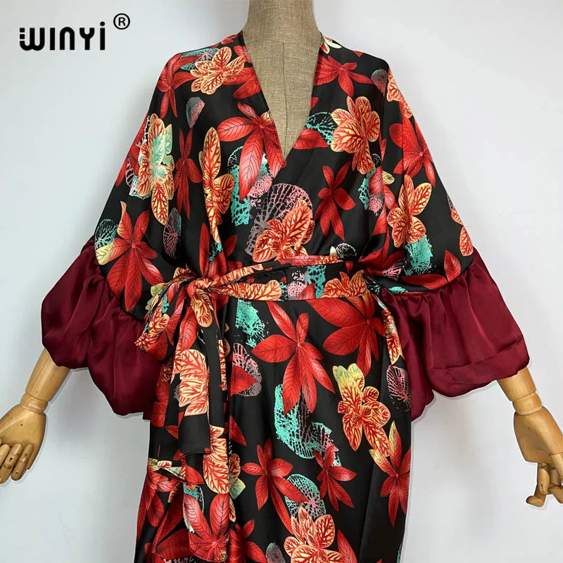 WINYI Fashion print Self Belted dress Women Elegant Summer holiday Bubble sleeve cardigan beach Wear Swim Suit cover up kimono