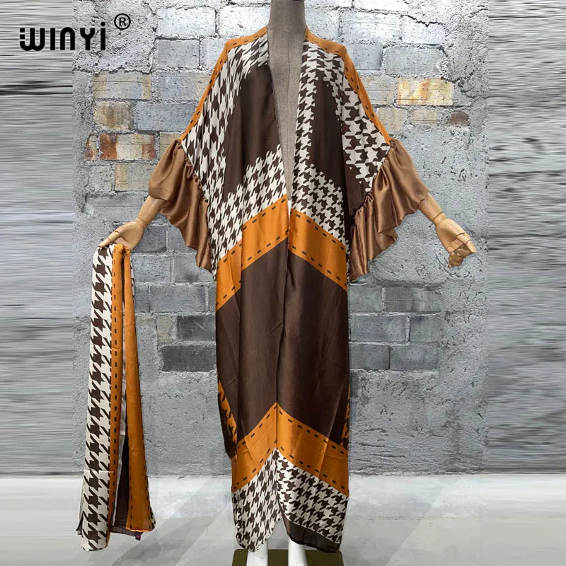 WINYI Fashion print Self Belted dress Women Elegant Summer holiday Bubble sleeve cardigan beach Wear Swim Suit cover up kimono