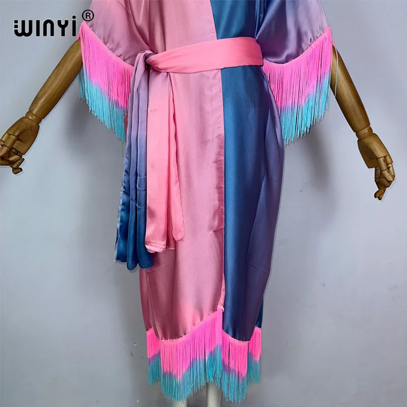 WINYI kimono cover-ups summer boho Gradual fringe print Bikini Cover-up Elegant fashion Cardigan sexy Holiday tassels maxi dress