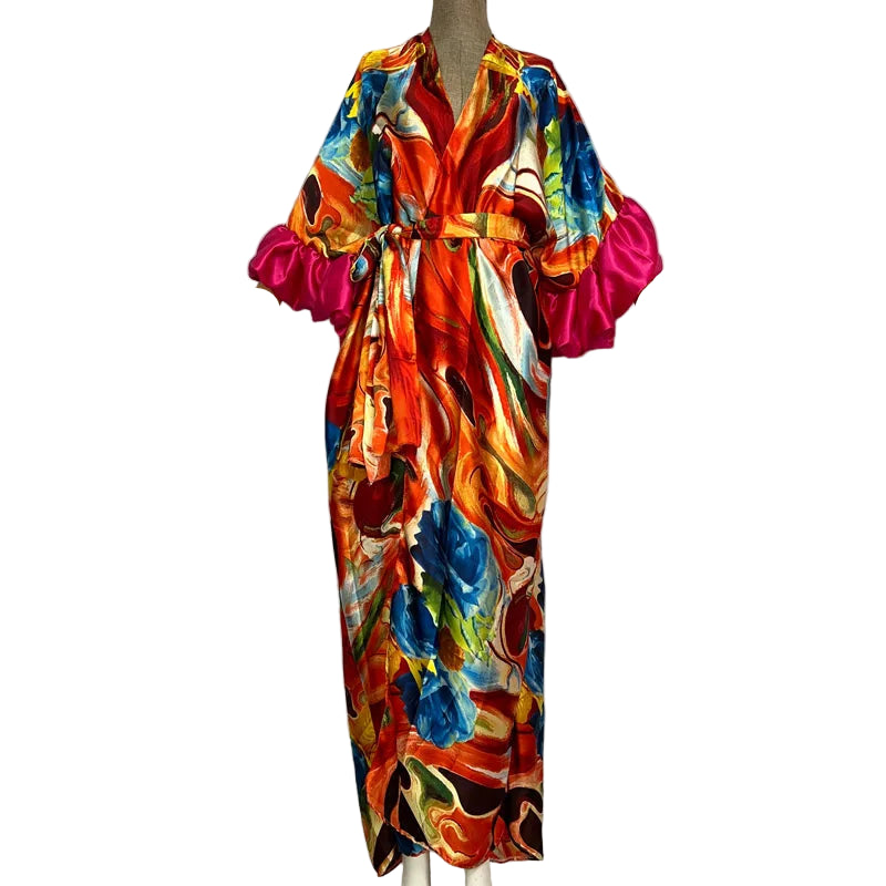 WINYI Fashion print Self Belted dress Women Elegant Summer holiday Bubble sleeve cardigan beach Wear Swim Suit cover up kimono