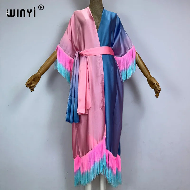 WINYI kimono cover-ups summer boho Gradual fringe print Bikini Cover-up Elegant fashion Cardigan sexy Holiday tassels maxi dress