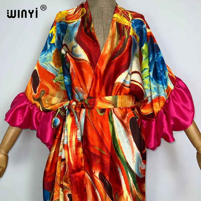 WINYI Fashion print Self Belted dress Women Elegant Summer holiday Bubble sleeve cardigan beach Wear Swim Suit cover up kimono