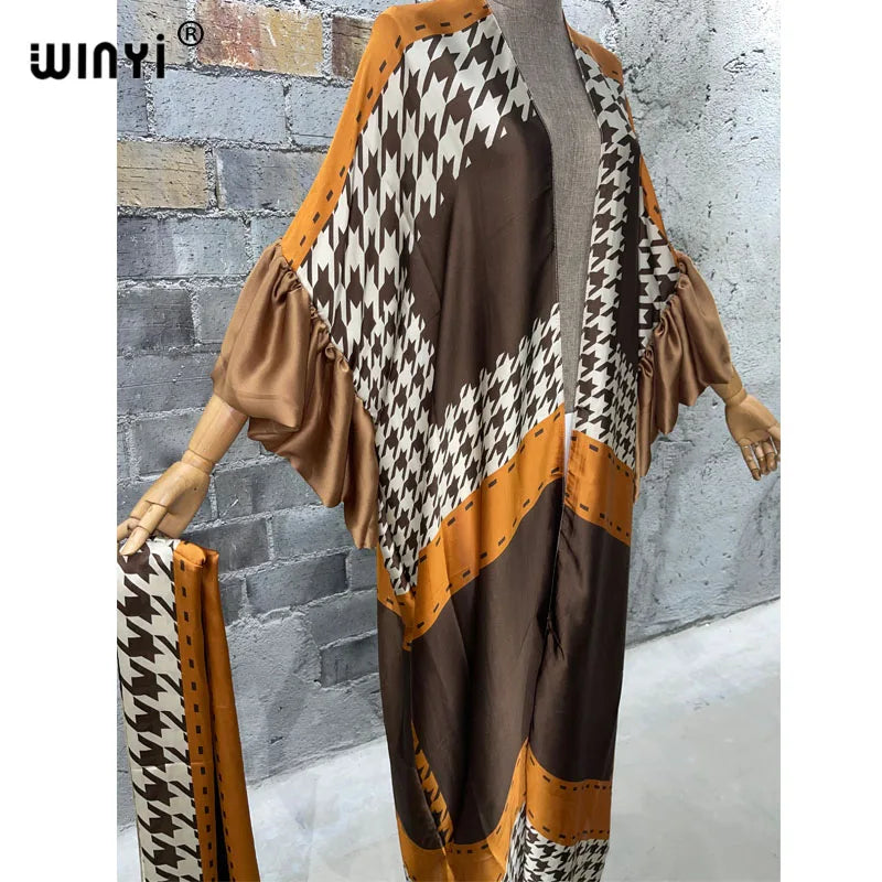 WINYI Fashion print Self Belted dress Women Elegant Summer holiday Bubble sleeve cardigan beach Wear Swim Suit cover up kimono