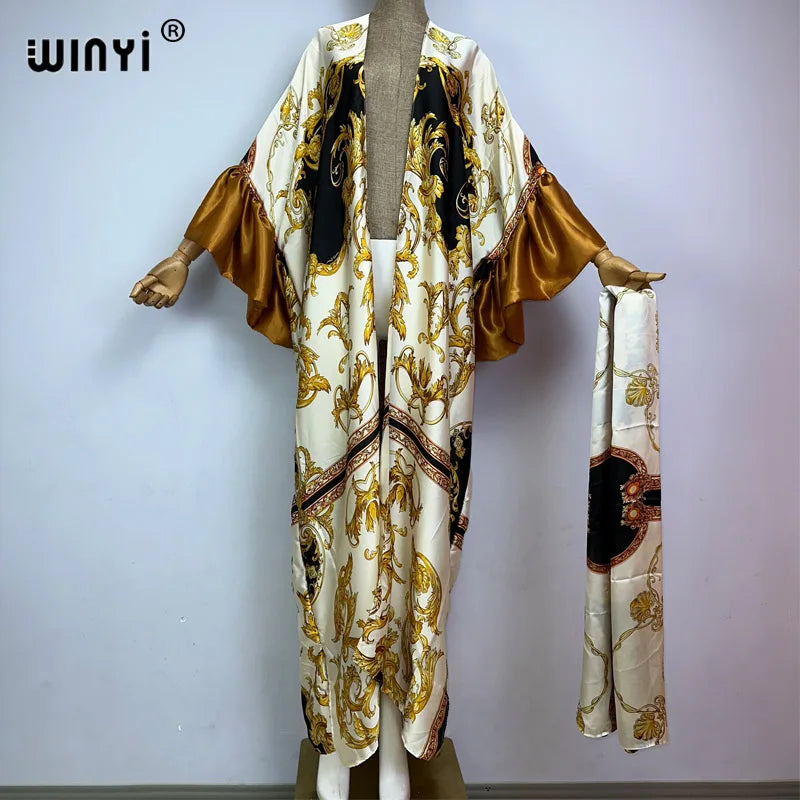 WINYI Fashion print Self Belted dress Women Elegant Summer holiday Bubble sleeve cardigan beach Wear Swim Suit cover up kimono
