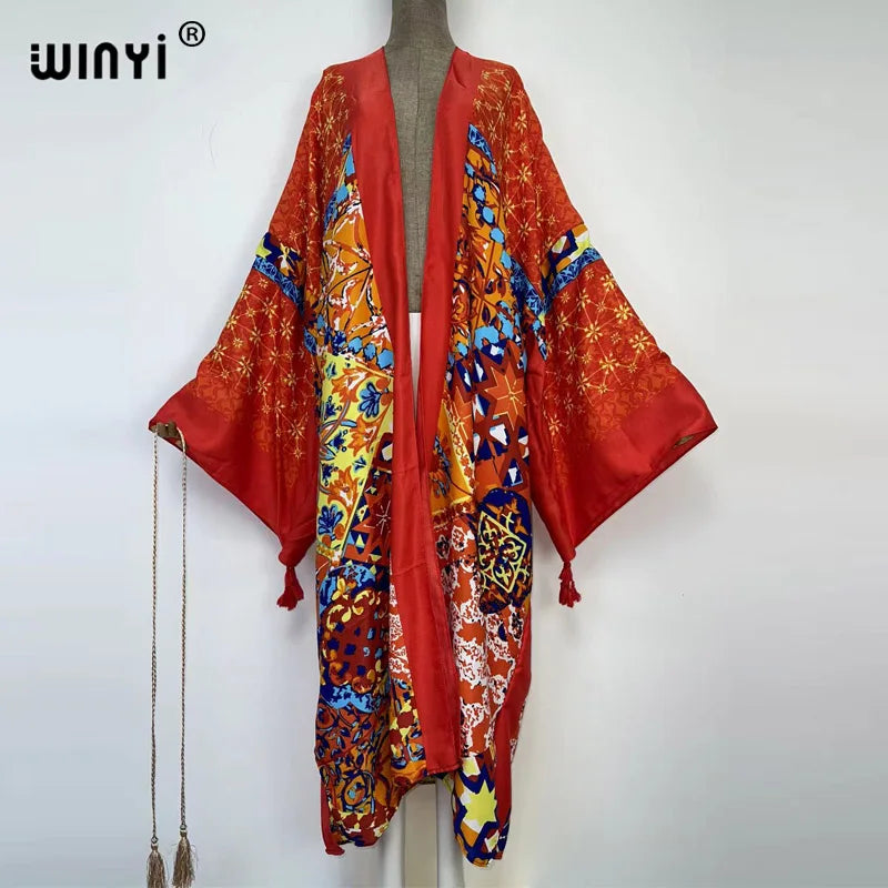 WINYI 2022 fashion Summer Women Cardigan Nature series elegant sexy Boho Maxi African Holiday kaftan Batwing Sleeve kimono