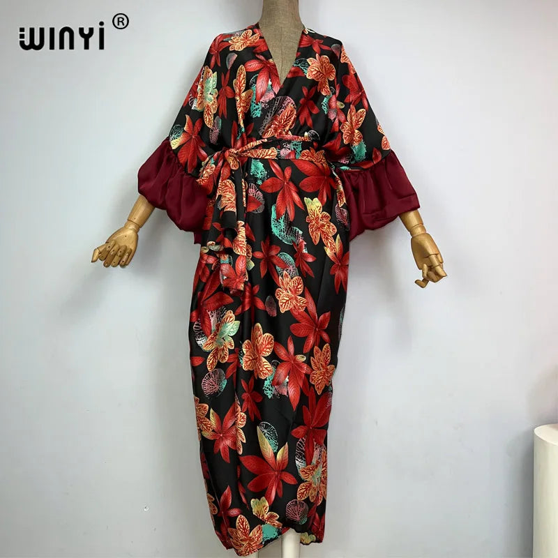 WINYI Fashion print Self Belted dress Women Elegant Summer holiday Bubble sleeve cardigan beach Wear Swim Suit cover up kimono