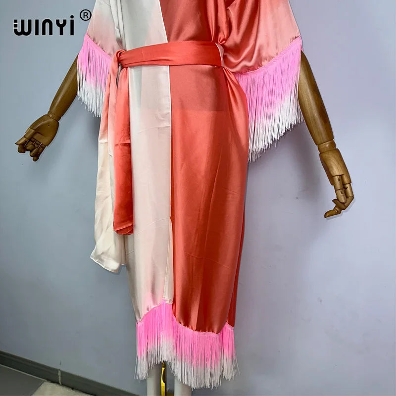 WINYI kimono cover-ups summer boho Gradual fringe print Bikini Cover-up Elegant fashion Cardigan sexy Holiday tassels maxi dress