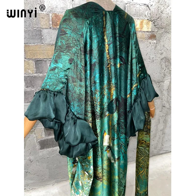 WINYI Fashion print Self Belted dress Women Elegant Summer holiday Bubble sleeve cardigan beach Wear Swim Suit cover up kimono