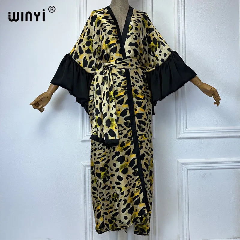 WINYI Fashion print Self Belted dress Women Elegant Summer holiday Bubble sleeve cardigan beach Wear Swim Suit cover up kimono