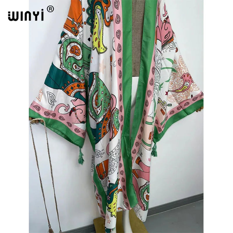 WINYI 2022 fashion Summer Women Cardigan Nature series elegant sexy Boho Maxi African Holiday kaftan Batwing Sleeve kimono