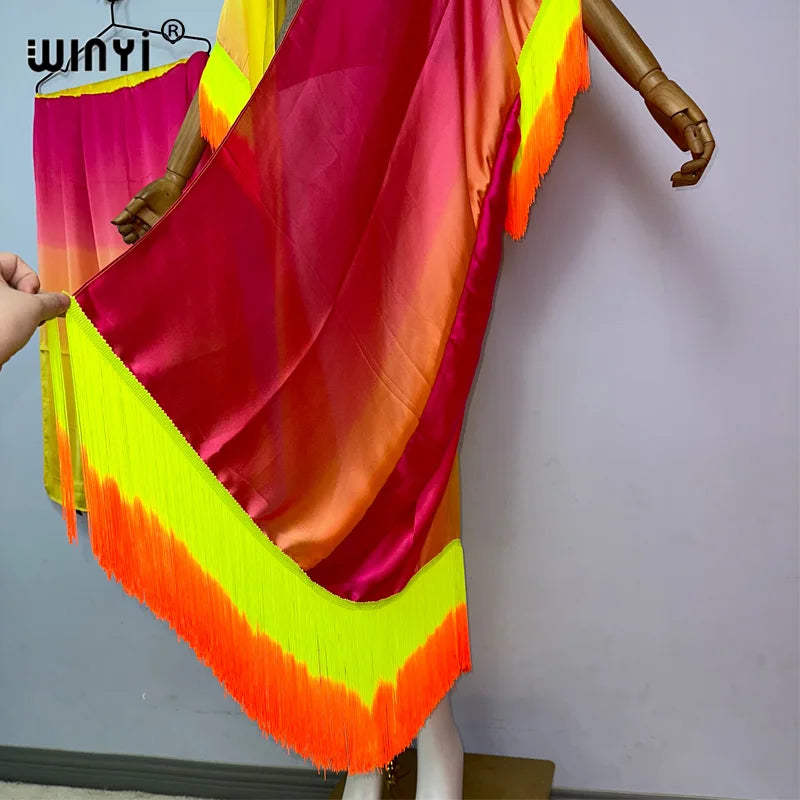 WINYI kimono cover-ups summer boho Gradual fringe print Bikini Cover-up Elegant fashion Cardigan sexy Holiday tassels maxi dress