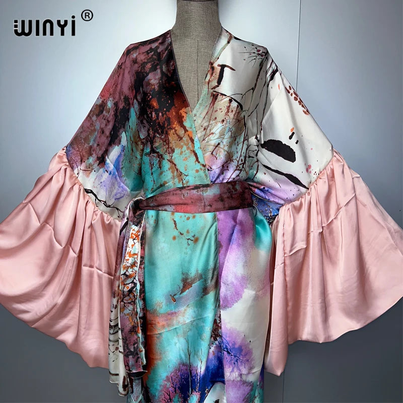 WINYI Summer Kimono party dress Beach Wear Swim Suit Cover up Africa women loose puff(ed) sleeves Cardigan boho Holiday kaftan