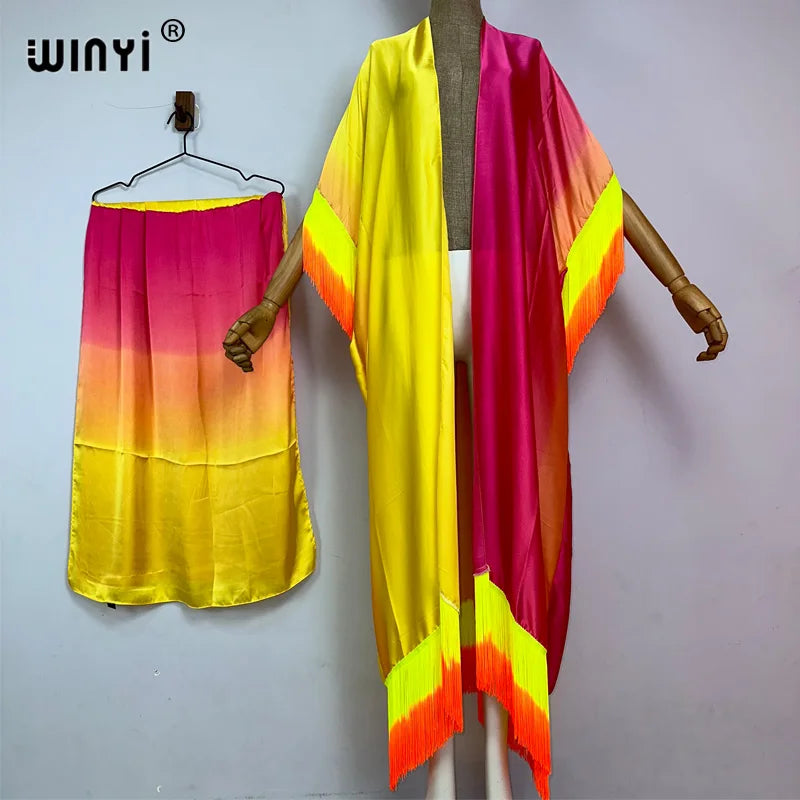 WINYI kimono cover-ups summer boho Gradual fringe print Bikini Cover-up Elegant fashion Cardigan sexy Holiday tassels maxi dress