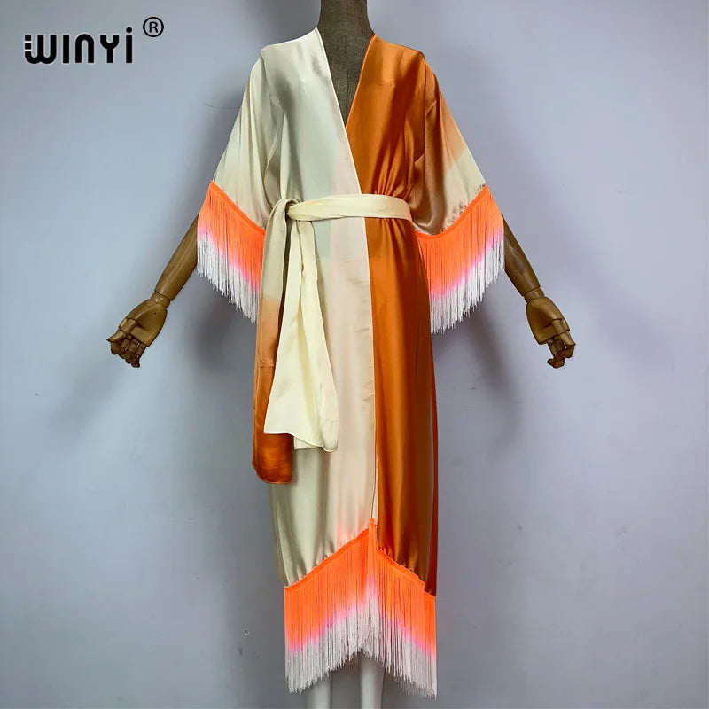 WINYI kimono cover-ups summer boho Gradual fringe print Bikini Cover-up Elegant fashion Cardigan sexy Holiday tassels maxi dress