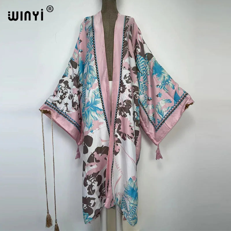 WINYI 2022 fashion Summer Women Cardigan Nature series elegant sexy Boho Maxi African Holiday kaftan Batwing Sleeve kimono