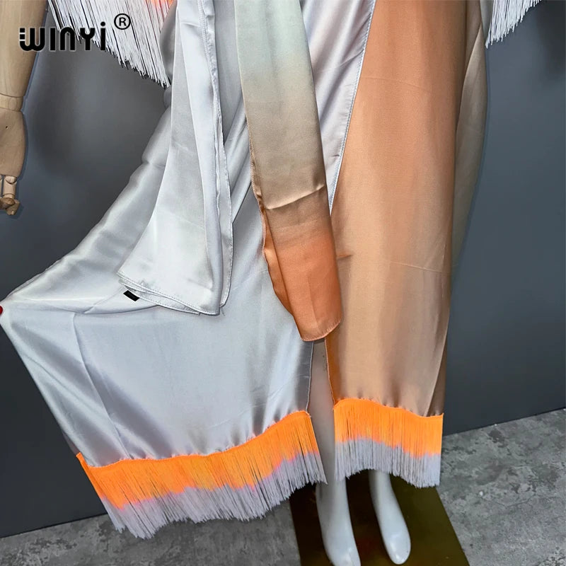 WINYI kimono cover-ups summer boho Gradual fringe print Bikini Cover-up Elegant fashion Cardigan sexy Holiday tassels maxi dress