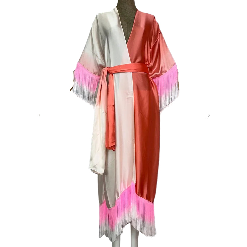WINYI kimono cover-ups summer boho Gradual fringe print Bikini Cover-up Elegant fashion Cardigan sexy Holiday tassels maxi dress