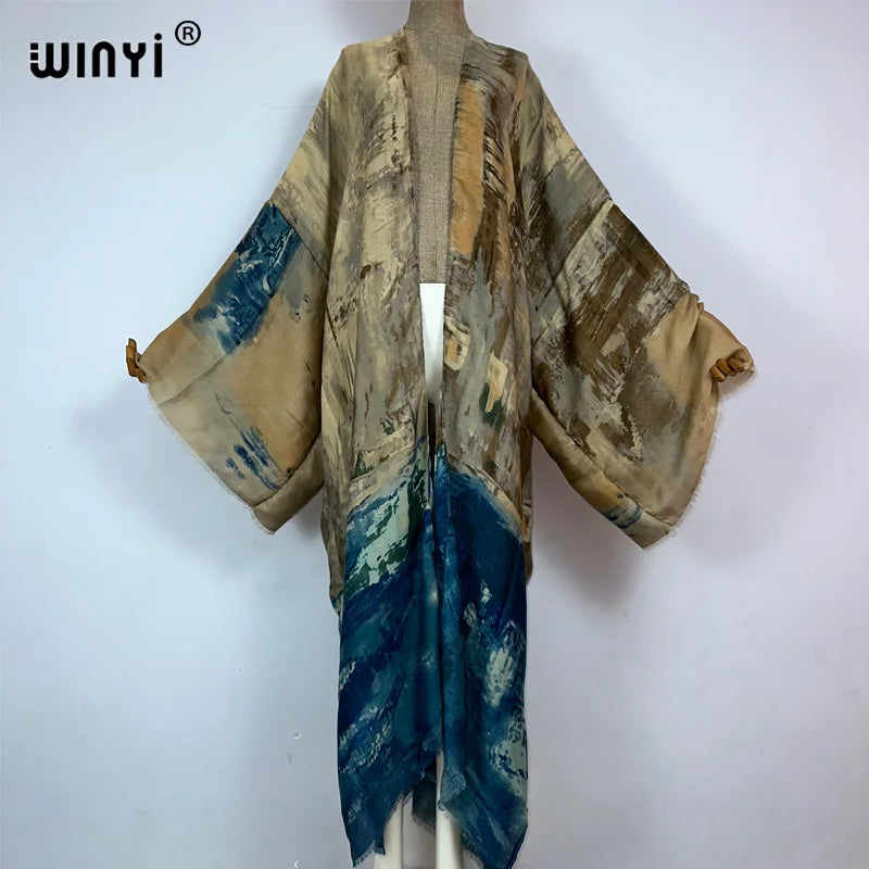 WINYI kimono new Oil print Bikini Cover-up Elegant beach outfits for women sexy cotton feeling vestidos para mujer dress kaftan